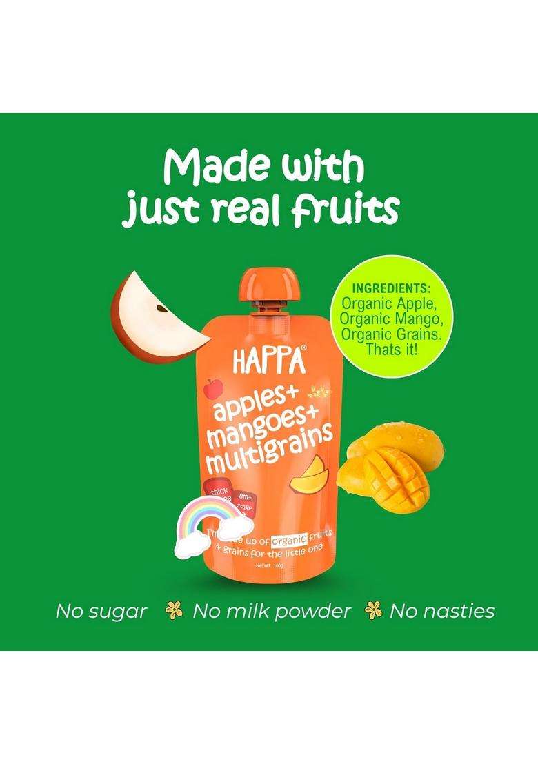 Happa Organic Baby Food Apple Mango And Multigrain Puree | 100% Fruits No Added Sugar, Milk Powder, Preservatives Stage 3 (8 Months+) Ready To Eat Free From Common Allergens Pack Of 4 (100G Each) - Indya