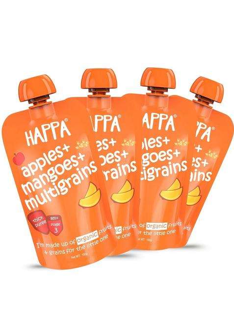 Happa Organic Baby Food Apple Mango And Multigrain Puree | 100% Fruits No Added Sugar, Milk Powder, Preservatives Stage 3 (8 Months+) Ready To Eat Free From Common Allergens Pack Of 4 (100G Each)