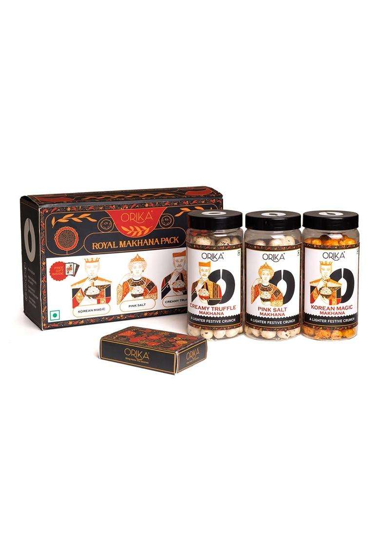 Orika Royal Makhana Gift Box | Korean Magic, Creamy Truffle & Pink Salt Flavored With Premium Playing Cards Luxury Healthy Snack Hamper - Indya