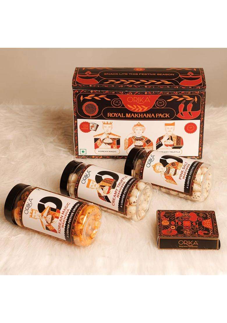 Orika Royal Makhana Gift Box | Korean Magic, Creamy Truffle & Pink Salt Flavored With Premium Playing Cards Luxury Healthy Snack Hamper - Indya