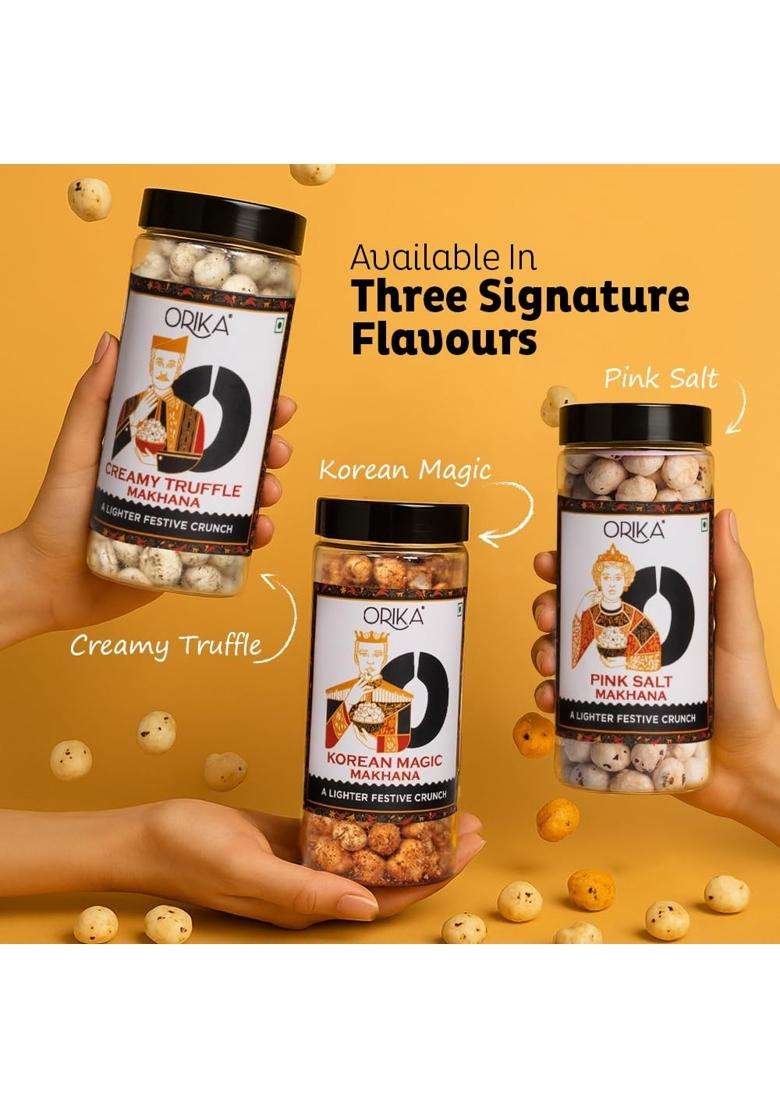 Orika Royal Makhana Gift Box | Korean Magic, Creamy Truffle & Pink Salt Flavored With Premium Playing Cards Luxury Healthy Snack Hamper - Indya