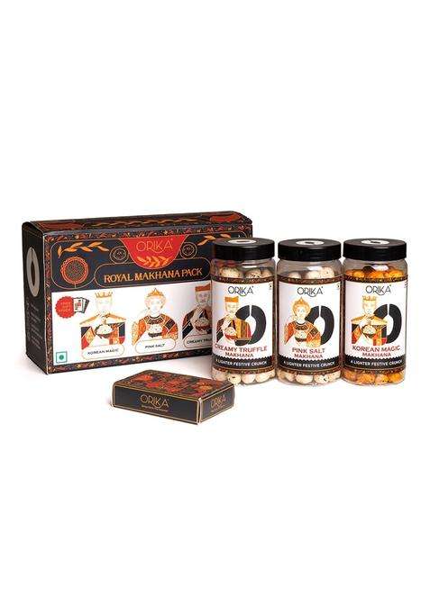 Orika Royal Makhana Gift Box | Korean Magic, Creamy Truffle & Pink Salt Flavored With Premium Playing Cards Luxury Healthy Snack Hamper
