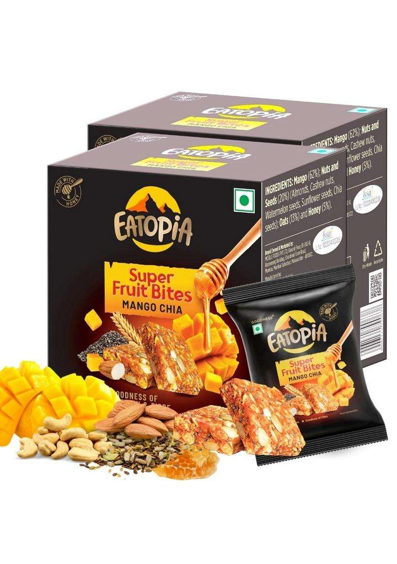 Eatopia Mango Chia Super Fruit Bites | Sugar Free Healthy Energy Bars No Preservatives & Refined Dry Fruits Protein Food Oats Honey, Nuts Seeds Pack Of 2 (5 Minis Per Box) - Indya