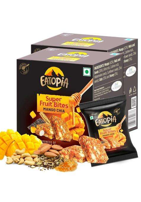Eatopia Mango Chia Super Fruit Bites | Sugar Free Healthy Energy Bars No Preservatives & Refined Dry Fruits Protein Food Oats Honey, Nuts Seeds Pack Of 2 (5 Minis Per Box)