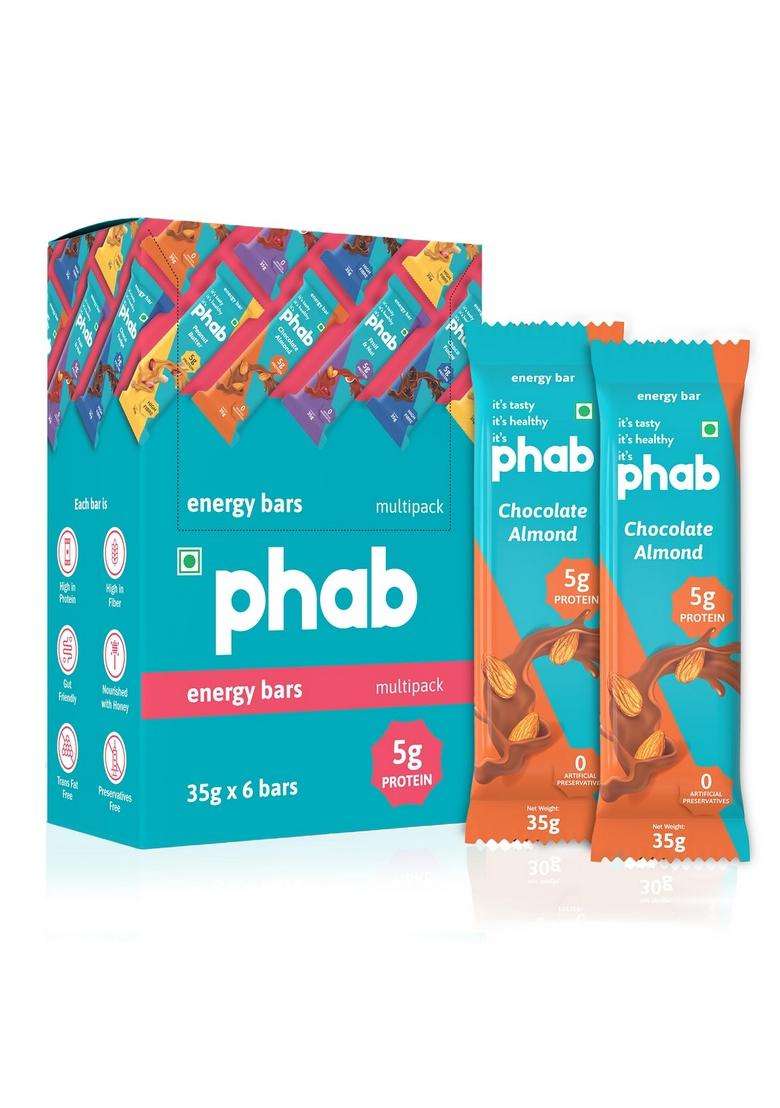 Phab Chocolate Almond 5G Protein Bar| Energy & Nutrition | High Fibre Gut-Friendly Sweetened With Honey,Trans Fat Free No Preservatives Loaded 21% Nuts Healthy Tasty (Pack Of 6 X 35G) - Indya