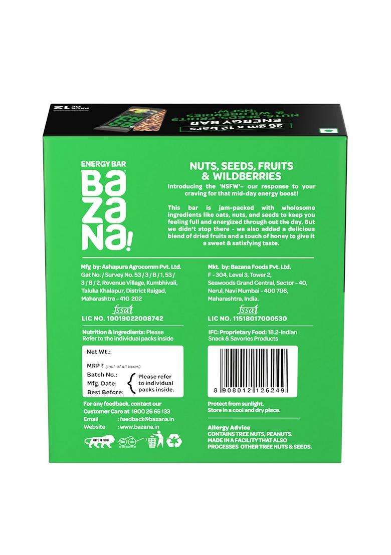Bazana Nut, Seeds, Fruits & Wildberries Energy Bars | Healthy, Tasty Natural Snack Protein Fiber-Rich Boost For Workouts, Travel On-The-Go Snacking 38G X 12 (456G) - Indya