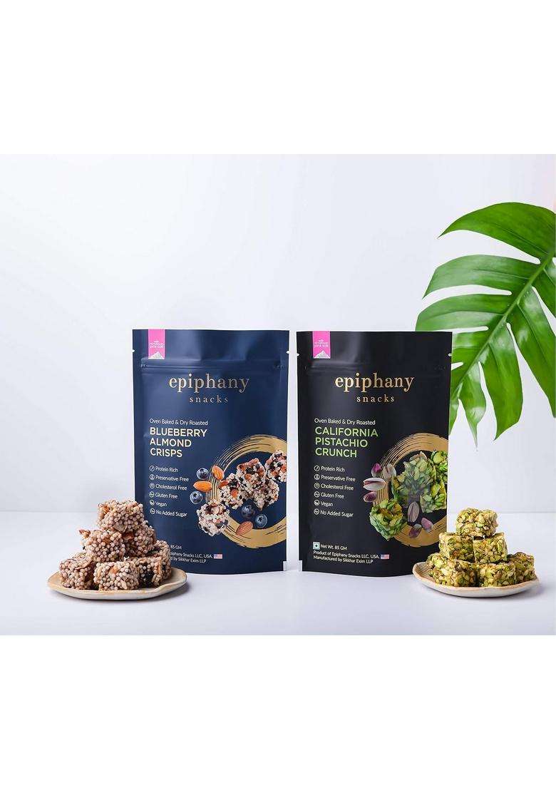 Epiphany Snacks Blueberry And Pistachio Protein Bar Dry Fruit Chikki Crunch Healthy & Tasty Almond Crisps With California No Added Sugar Pack Of 2 85 G Each) - Indya