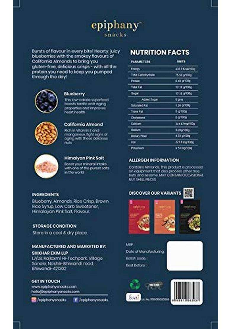 Epiphany Snacks Dry Fruit Blueberry & Almond Bars Healthy And Delicious Sweet Chikki Energy Crunch ( No Sugar Added )85Gm - Indya
