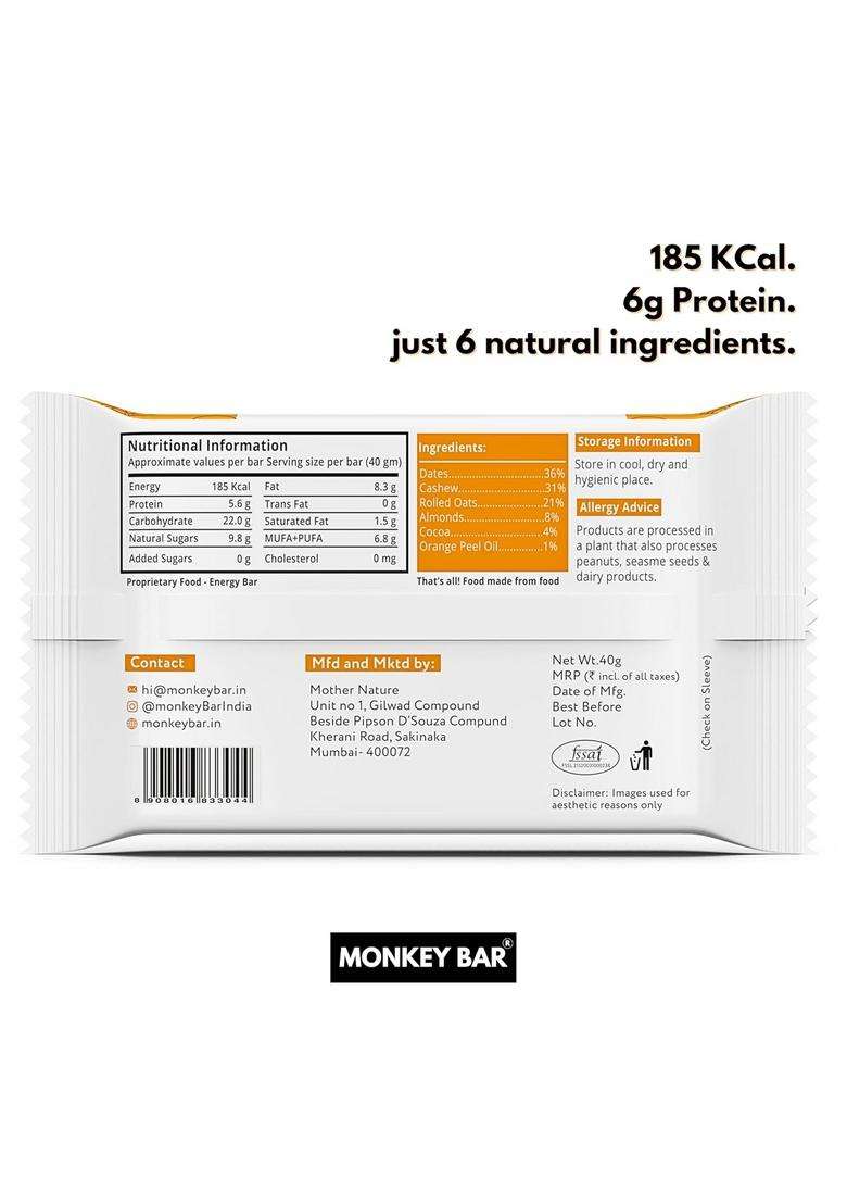 Monkey Bar - Orange Cocoa Energy 6 Bars, 40G Each, Just Plant-Based Ingredients, Best For Healthy Clean Protein-Rich Snack, Dairy Free, Vegan, No Chemical Additives, Chocolaty - Indya