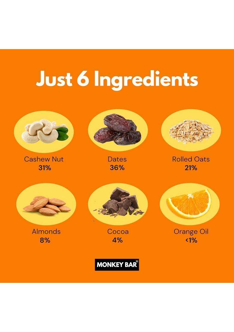 Monkey Bar - Orange Cocoa Energy 6 Bars, 40G Each, Just Plant-Based Ingredients, Best For Healthy Clean Protein-Rich Snack, Dairy Free, Vegan, No Chemical Additives, Chocolaty - Indya
