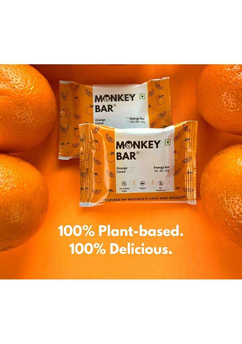 Monkey Bar - Orange Cocoa Energy 6 Bars, 40G Each, Just Plant-Based Ingredients, Best For Healthy Clean Protein-Rich Snack, Dairy Free, Vegan, No Chemical Additives, Chocolaty - Indya
