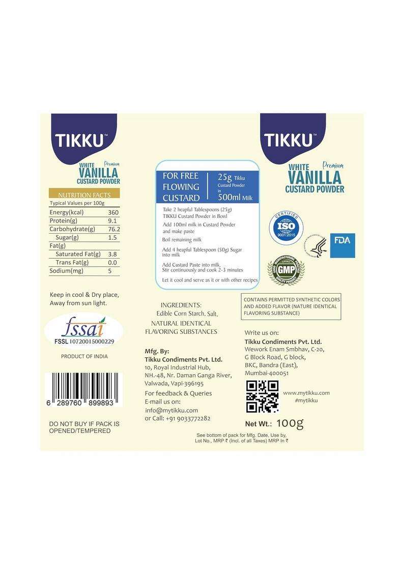 Tikku Premium White Vanila Custard Powder 100 G Box | Dessert Mix - Indya