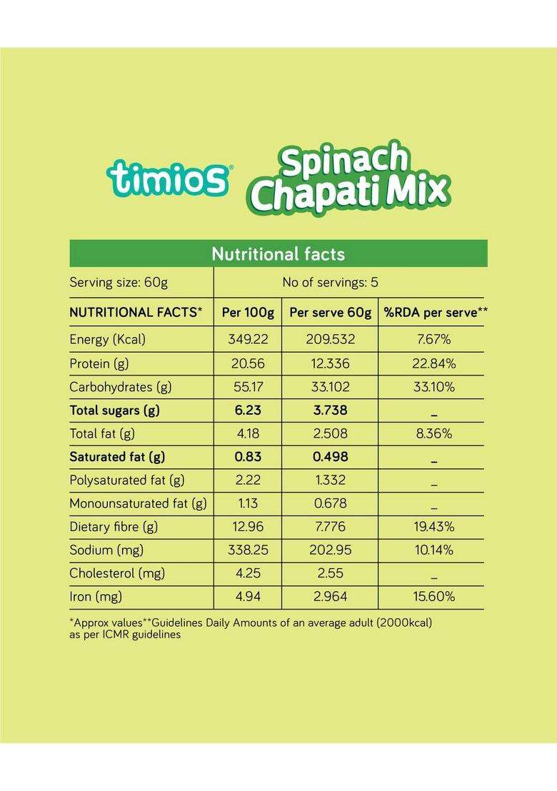 Timios Gluten Free Chapati Mix, No Maida, Palm Oil, Rich In Fiber, Iron & Protein, Healthy Nutritious, Easy To Cook, Pack Of 2-300G Each (Spinach Beetroot) - Indya