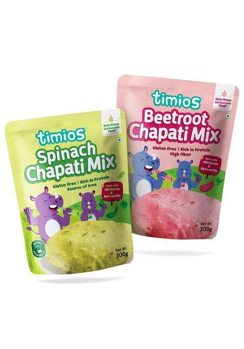 Timios Gluten Free Chapati Mix, No Maida, Palm Oil, Rich In Fiber, Iron & Protein, Healthy Nutritious, Easy To Cook, Pack Of 2-300G Each (Spinach Beetroot)