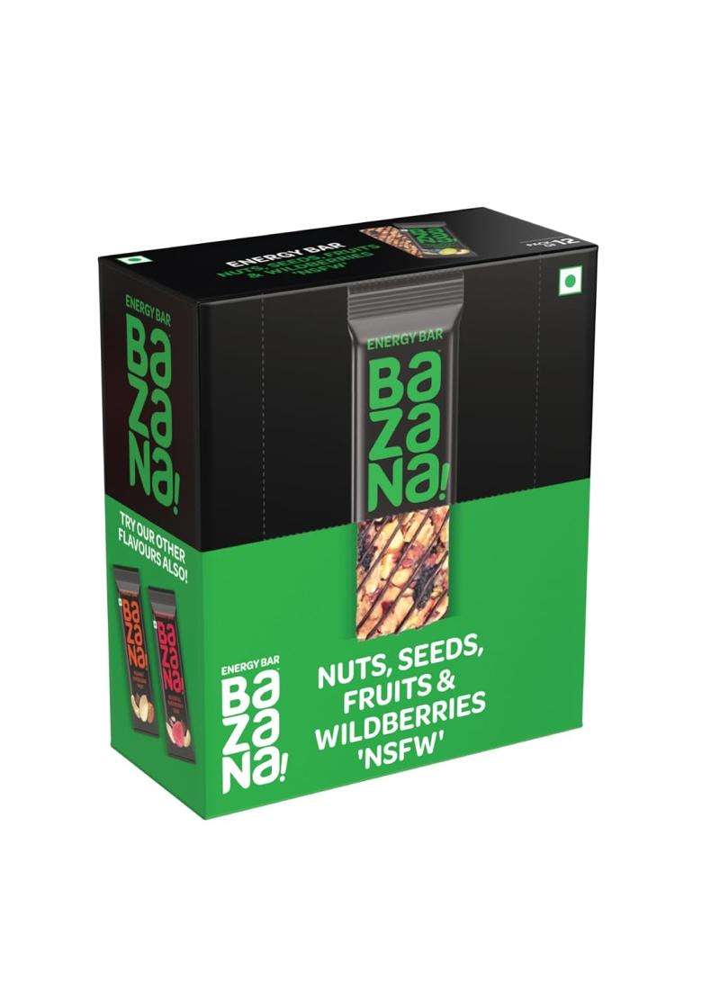 Bazana Nut, Seeds, Fruits & Wildberries Energy Bars | Healthy, Tasty Natural Snack Protein Fiber-Rich Boost For Workouts, Travel On-The-Go Snacking 38G X 12 (456G) - Indya