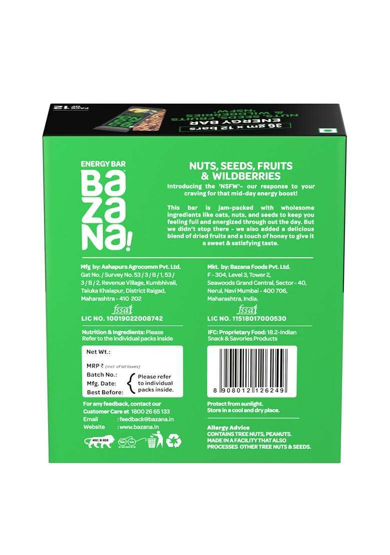 Bazana Nut, Seeds, Fruits & Wildberries Energy Bars | Healthy, Tasty Natural Snack Protein Fiber-Rich Boost For Workouts, Travel On-The-Go Snacking 38G X 12 (456G) - Indya