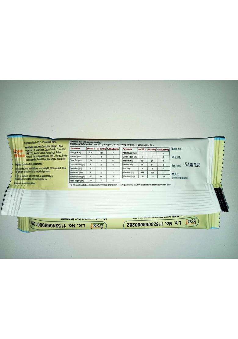 Zen Bites | Granola Bar With Ksm-66 Ashwagandha| Pack Of 7 Net Weight- 175 Mood Elevator Improves Sleep Quality| 100% Natural High Protein - Indya