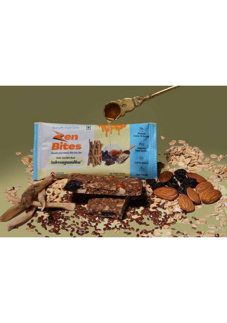 Zen Bites | Granola Bar With Ksm-66 Ashwagandha| Pack Of 7 Net Weight- 175 Mood Elevator Improves Sleep Quality| 100% Natural High Protein - Indya
