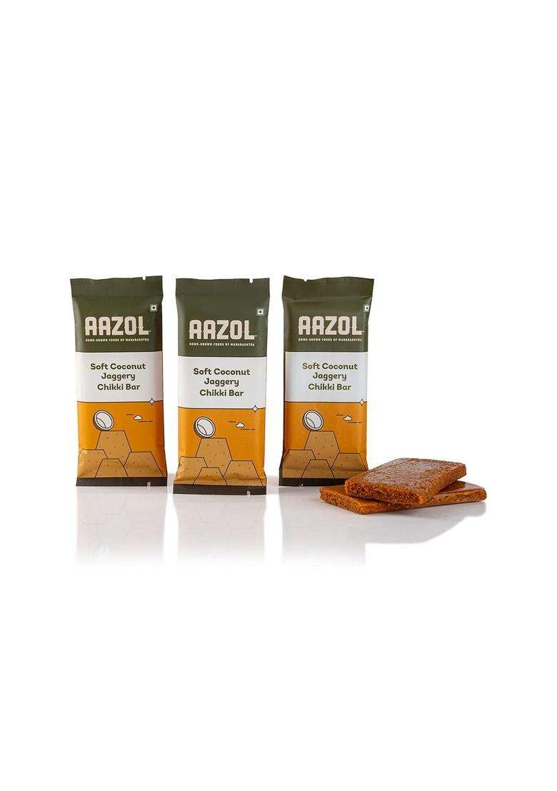 Aazol Soft Coconut Jaggery Chikki Bar (Pack Of 3) | High-Energy Snacks Contains Nutritious And Mineral-Rich Liquid Crumbly Texture No Refined Sugar Or Preservatives - Indya