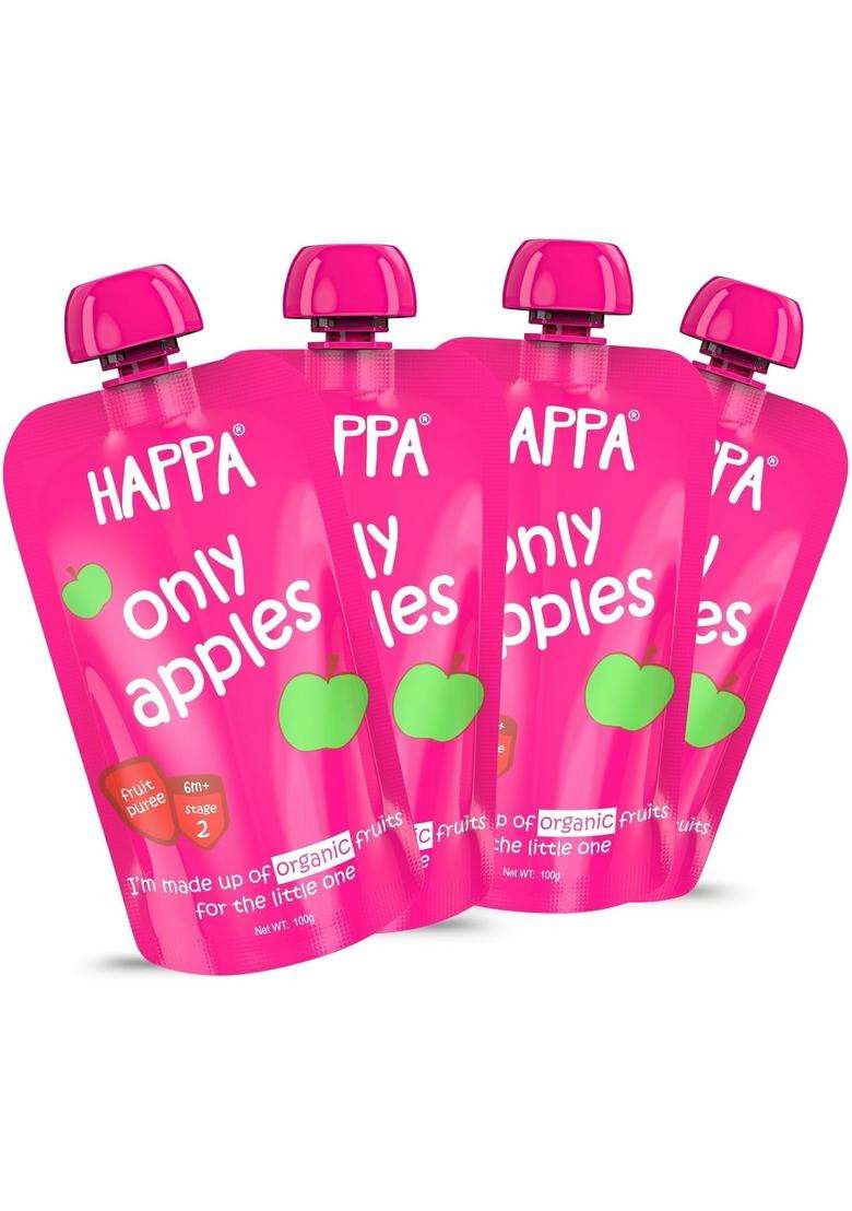 Happa Organic Baby Food Apple Puree | 100% Fruits No Added Sugar, Milk Powder, Preservatives Stage 2 (6 Months+) Ready To Eat Free From Common Allergens Pack Of 4 (100G Each) - Indya