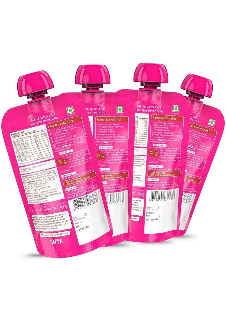 Happa Organic Baby Food Apple Puree | 100% Fruits No Added Sugar, Milk Powder, Preservatives Stage 2 (6 Months+) Ready To Eat Free From Common Allergens Pack Of 4 (100G Each) - Indya
