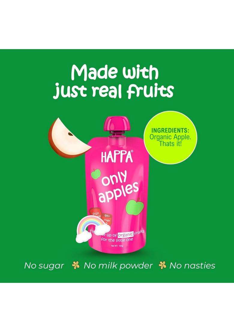 Happa Organic Baby Food Apple Puree | 100% Fruits No Added Sugar, Milk Powder, Preservatives Stage 2 (6 Months+) Ready To Eat Free From Common Allergens Pack Of 4 (100G Each) - Indya