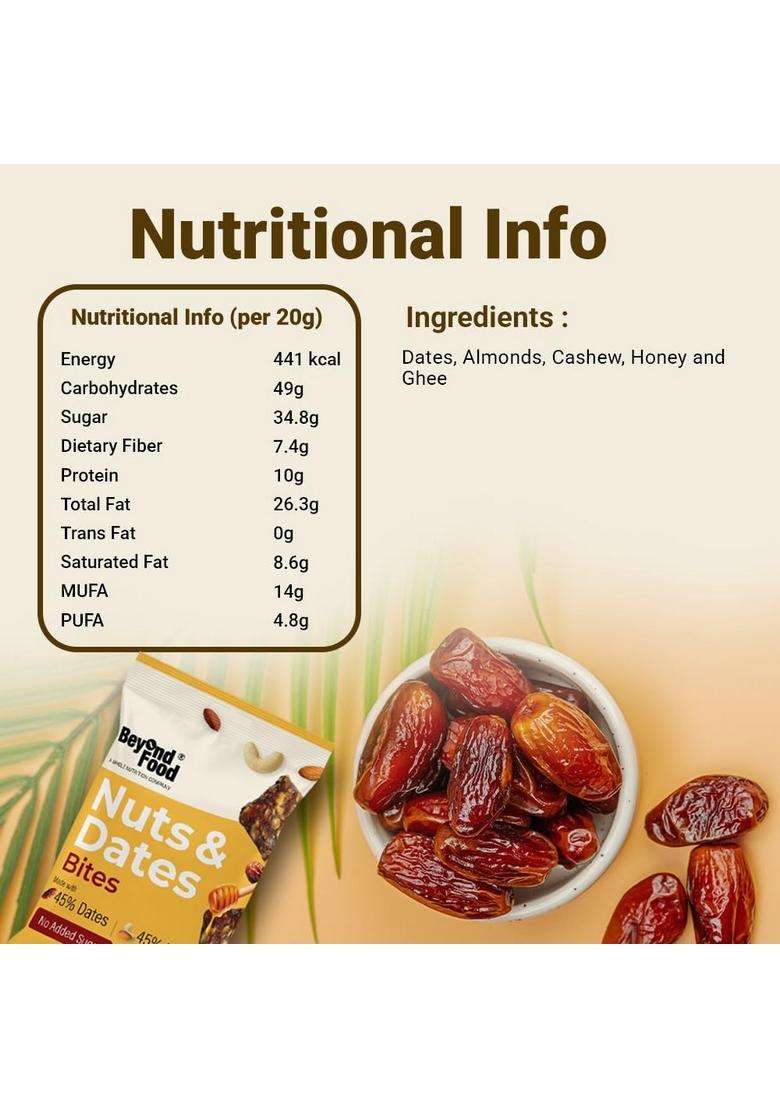 Beyond Food Nuts & Dates Bites Made With 45% And - Pack Of 10 20G Each No Added Sugar All-Natural Ingredients Naturally Sweet Ideal For Office, School, Travel - Indya