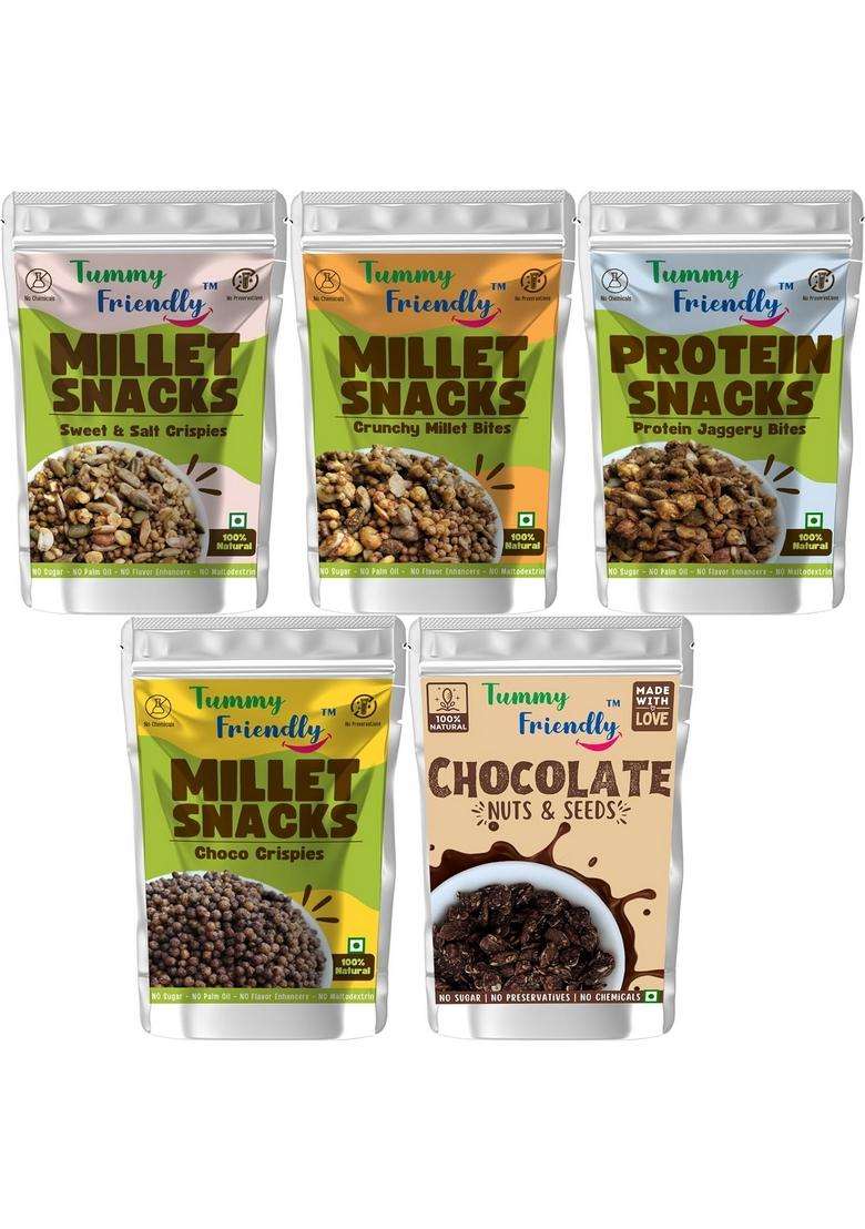 Tummy Friendly Millet Snacks For Kids Combo. Healthy Kids, Toddlers, Adults. Travel School. No Sugar, Preservatives. Assorted-5 Packs, 70G Each - Indya