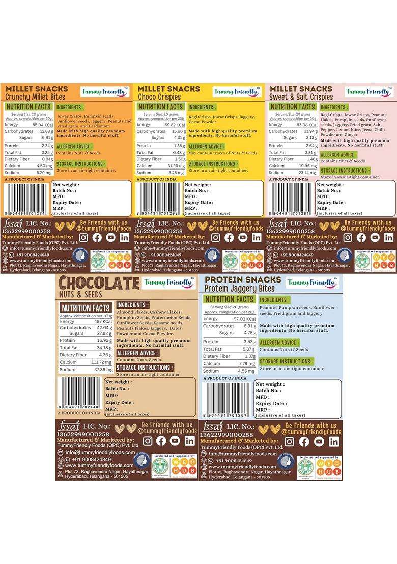 Tummy Friendly Millet Snacks For Kids Combo. Healthy Kids, Toddlers, Adults. Travel School. No Sugar, Preservatives. Assorted-5 Packs, 70G Each - Indya