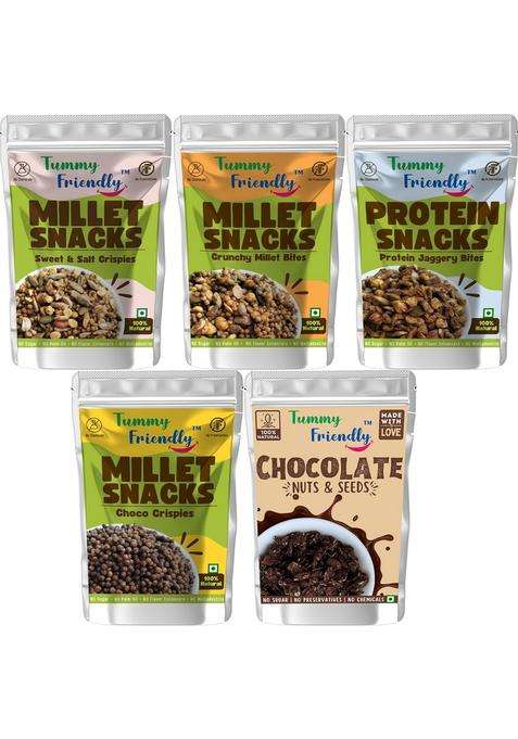 Tummy Friendly Millet Snacks For Kids Combo. Healthy Kids, Toddlers, Adults. Travel School. No Sugar, Preservatives. Assorted-5 Packs, 70G Each