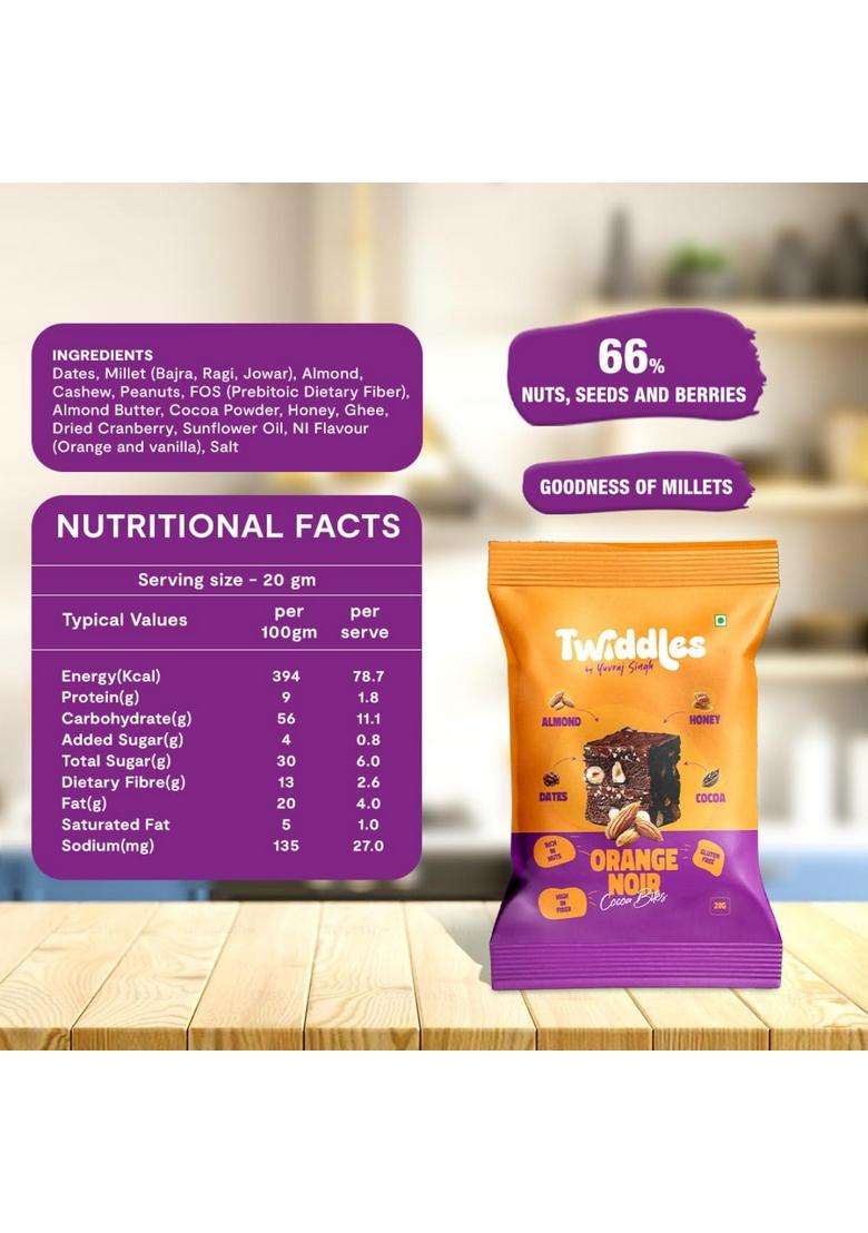 Twiddles By Yuvraj Singh Mini Snack Bar Chocolate Orange Belgian Bites , Pack Of 6 | Energy Vegan Gluten-Free Millets Cashew Natural Superfood Healthy 80 Calories Dates Burfi Made With Dry Fruits & - Indya