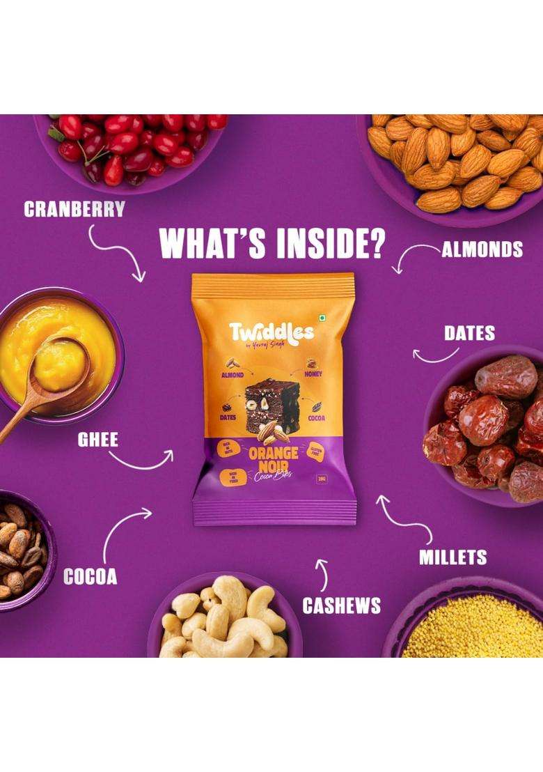 Twiddles By Yuvraj Singh Mini Snack Bar Chocolate Orange Belgian Bites , Pack Of 6 | Energy Vegan Gluten-Free Millets Cashew Natural Superfood Healthy 80 Calories Dates Burfi Made With Dry Fruits & - Indya