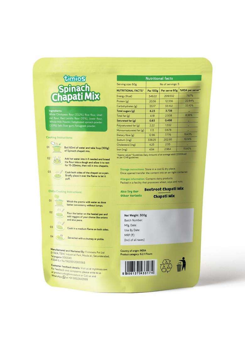Timios Multipurpose Chapati Mix | No Maida, Palm Oil, Gluten Free Rich In Fiber, Iron & Protein Healthy Nutritious Easy To Cook 300G (Spinach) - Indya