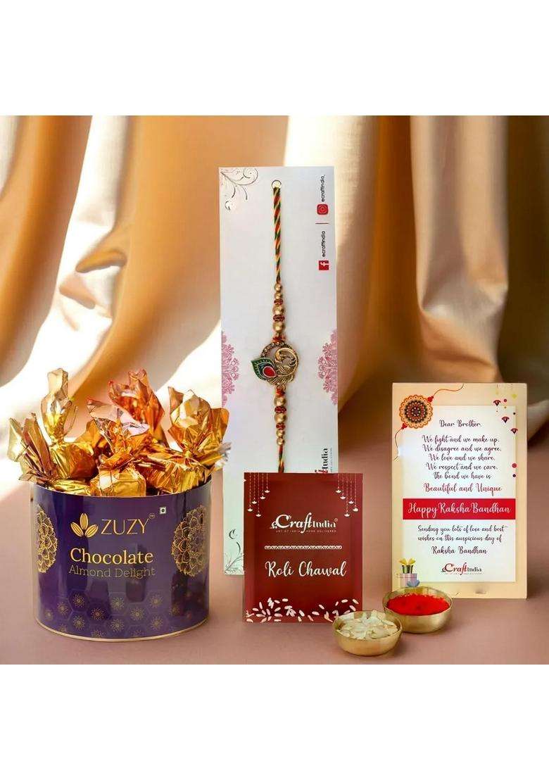 Ecraftindia Golden Peacock Feather Designer Rakhi For Brother With Chocolate, Zuzy Almond Chocolate Box, Gift - Roli Chawal Pack, Raksha Bandhan Greeting Card - Indya