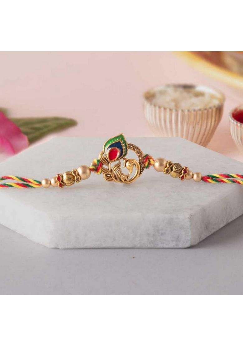 Ecraftindia Golden Peacock Feather Designer Rakhi For Brother With Chocolate, Zuzy Almond Chocolate Box, Gift - Roli Chawal Pack, Raksha Bandhan Greeting Card - Indya