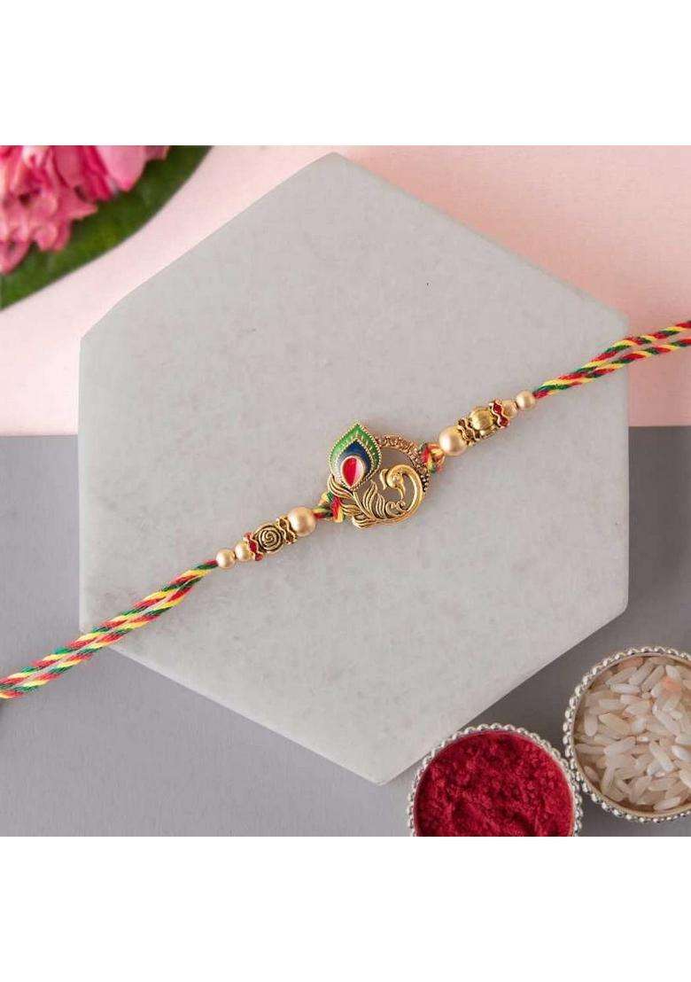 Ecraftindia Golden Peacock Feather Designer Rakhi For Brother With Chocolate, Zuzy Almond Chocolate Box, Gift - Roli Chawal Pack, Raksha Bandhan Greeting Card - Indya