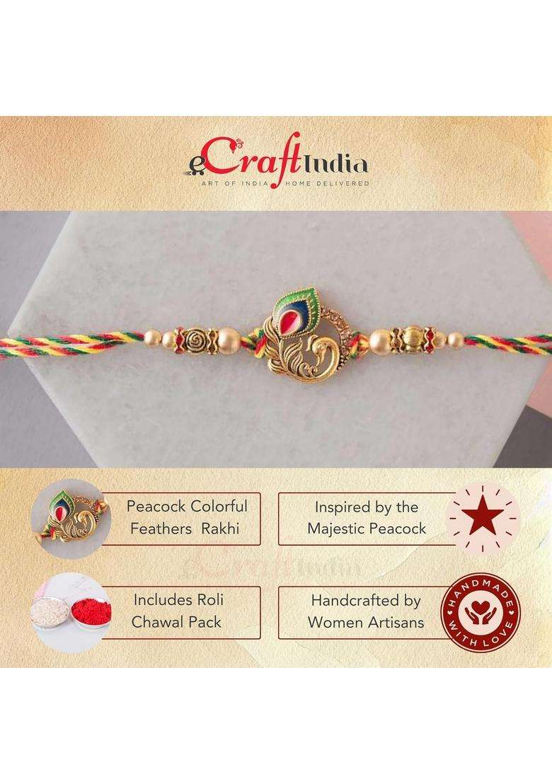 Ecraftindia Golden Peacock Feather Designer Rakhi For Brother With Chocolate, Zuzy Almond Chocolate Box, Gift - Roli Chawal Pack, Raksha Bandhan Greeting Card - Indya