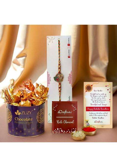 Ecraftindia Golden Peacock Feather Designer Rakhi For Brother With Chocolate, Zuzy Almond Chocolate Box, Gift - Roli Chawal Pack, Raksha Bandhan Greeting Card
