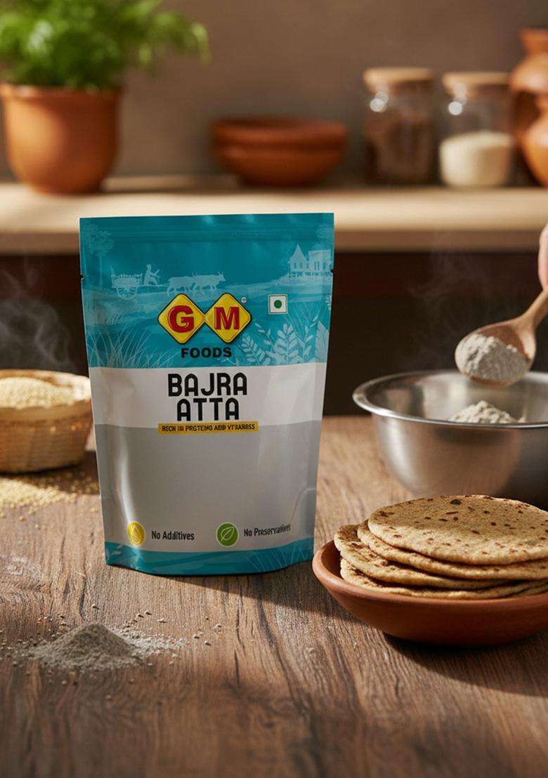 Gm Foods Bajra Atta 500G (Pack Of 2) | High Fiber Millet Flour Rich In Protein, Iron & Vitamins Stone Ground Healthy For Roti, Paratha, Khichdi, Baking Cooking No Preservatives - Indya