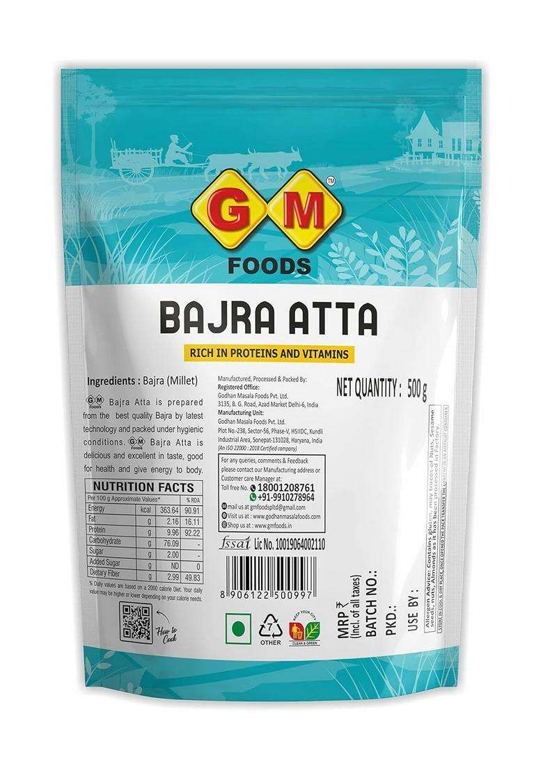 Gm Foods Bajra Atta 500G (Pack Of 2) | High Fiber Millet Flour Rich In Protein, Iron & Vitamins Stone Ground Healthy For Roti, Paratha, Khichdi, Baking Cooking No Preservatives - Indya