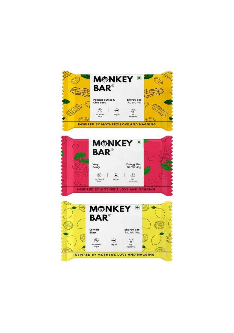 Monkey Bar - Non Choco Energy Bars 6 Bars, 3 Flavours, 40G Each, Best For Healthy Clean Snacking, Dairy Free & Sugar Free, Vegan, Just 4-6 Plant-Based Ingredients - Indya