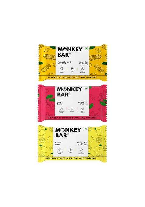 Monkey Bar - Non Choco Energy Bars 6 Bars, 3 Flavours, 40G Each, Best For Healthy Clean Snacking, Dairy Free & Sugar Free, Vegan, Just 4-6 Plant-Based Ingredients