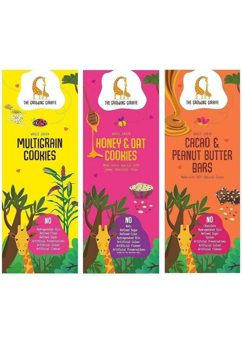 The Growing Giraffe Healthy Snack Trio, Wholesome & Delicious Treats For Entire Family Gifting(Multigrain Cookies-160G, Honey Oats Cacao Peanut Butter Bars - 160G) Pack Of 3(480 Grams) - Indya