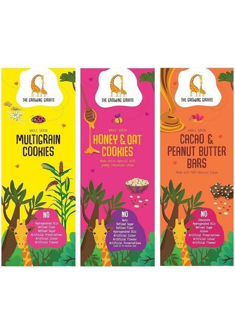 The Growing Giraffe Healthy Snack Trio, Wholesome & Delicious Treats For Entire Family Gifting(Multigrain Cookies-160G, Honey Oats Cacao Peanut Butter Bars - 160G) Pack Of 3(480 Grams)