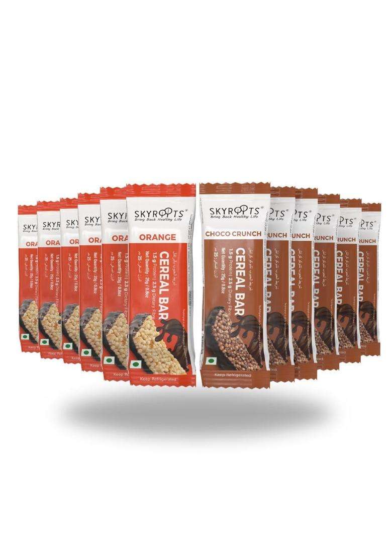 Skyroots Multigrain Cereal Energy Bars (300G, 12 Bars) Gluten-Free Ingredients, Crunchy With Fruits, Nuts, Oats & Millets | 0 Added Sugar, No Cholesterol Healthy Snack For Pre/Post Workout Orange Choco Crunch - Indya