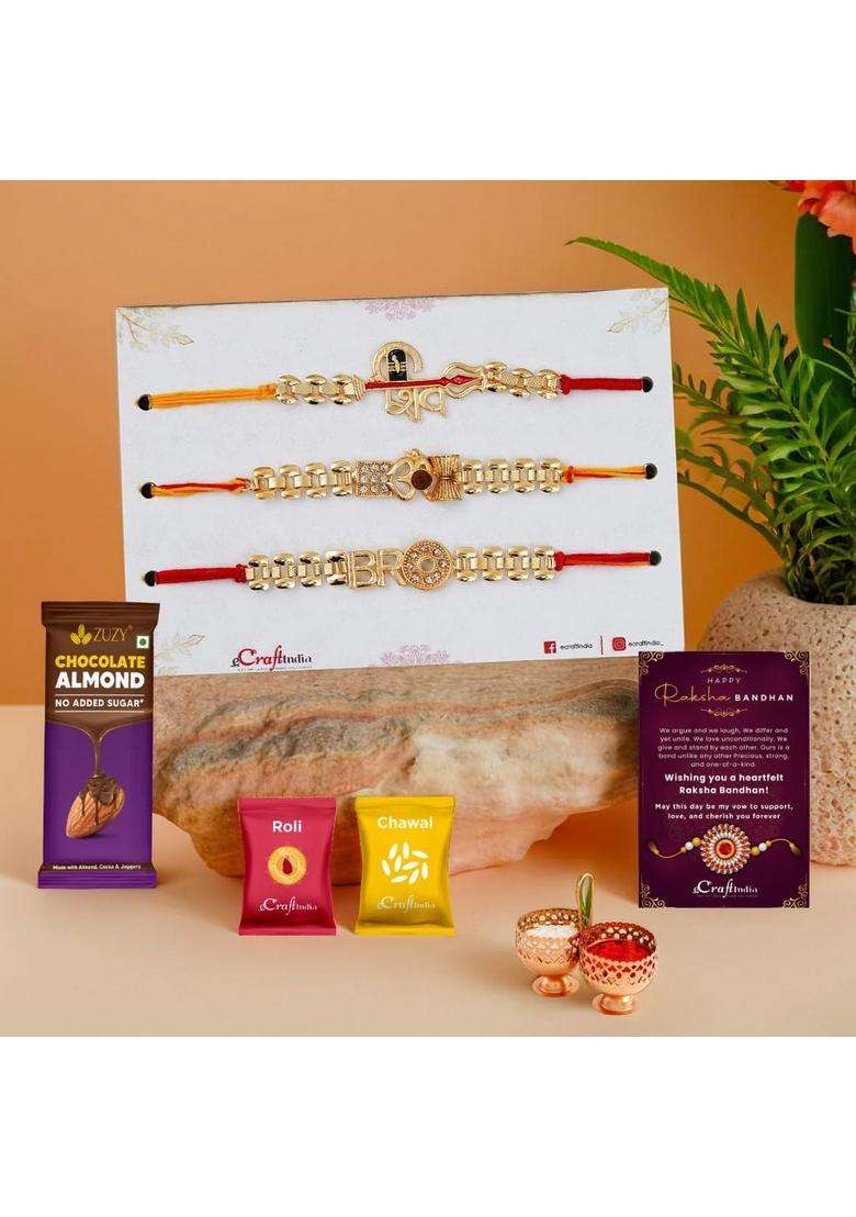 Ecraftindia Set Of 3 Rakhi For Brother With Chocolate | Lord Shiv Damru Om Bro Designer Rakhis Bhaiya Bhai Kids Almond Raksha Bandhan Greeting Card Roli Chawal - Indya