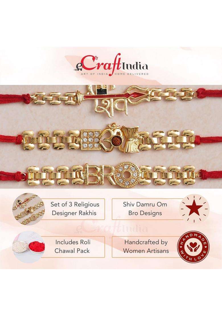 Ecraftindia Set Of 3 Rakhi For Brother With Chocolate | Lord Shiv Damru Om Bro Designer Rakhis Bhaiya Bhai Kids Almond Raksha Bandhan Greeting Card Roli Chawal - Indya