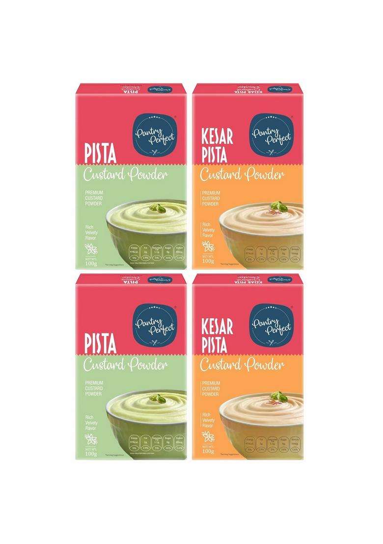 Pantry Perfect Pista & Kesar Custard Powder - Pack Of 4 (Each 100G) I Makes Smooth Creamy Ready To Mix Use For Desserts, Pudding, Fruit Salad - Indya