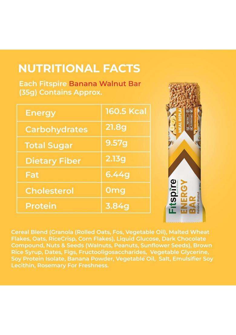 Fitspire Banana Walnut Energy Bar Pack Of 4 X 35G | Snack For Long-Lasting & Active Lifestyle With Oats, Nuts Seeds, Naturally Sweetened - Indya