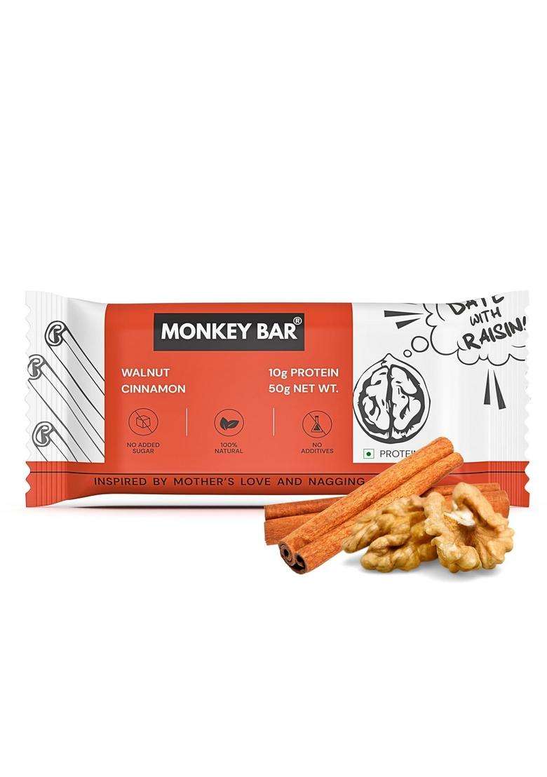 Monkey Bar - Walnut Cinnamon Protein 8 Bars, 50G Each, 10G Protein, High Snack For Healthy Snacking With No Added Sugar, Just 7 Natural Ingredients - Indya